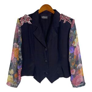 Vintage Pink Sequin Shoulder Floral Sleeve Blazer Black Sheer 80s Wrapper USA